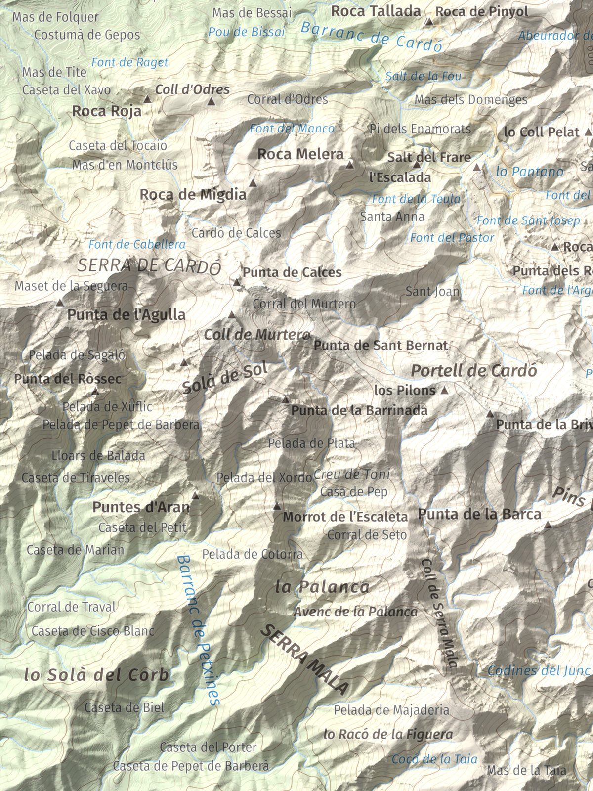 Mapa de relieve de Punta de les Picòssies, 772 m, Baix Ebre · Ribera d'Ebre, lámina 100 Cims de Trobart. Detalle de la zona inferior izquierda. 30 × 40 cm.