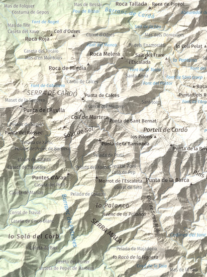 Mapa de relieve de Punta de les Picòssies, 772 m, Baix Ebre · Ribera d'Ebre, lámina 100 Cims de Trobart. Detalle de la zona inferior izquierda. 30 × 40 cm.