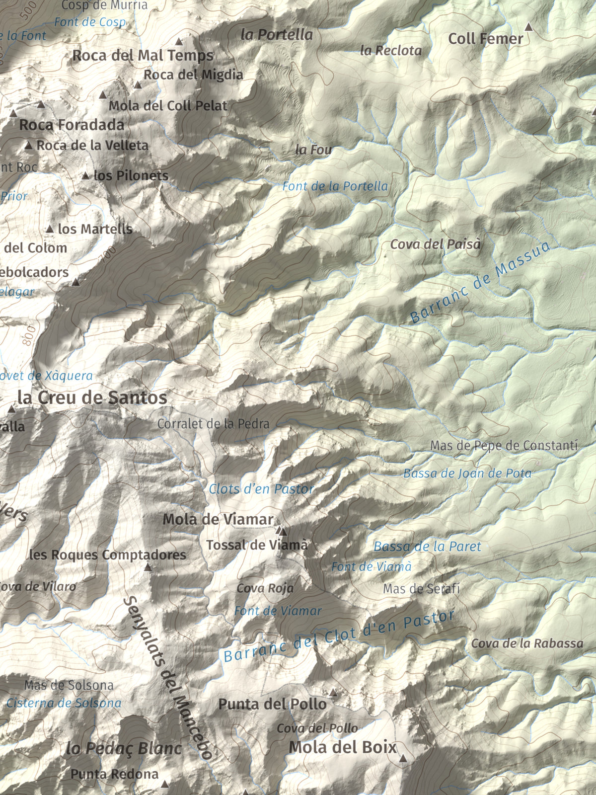 Mapa de relieve de Punta de les Picòssies, 772 m, Baix Ebre · Ribera d'Ebre, lámina 100 Cims de Trobart. Detalle de la zona inferior derecha. 30 × 40 cm.