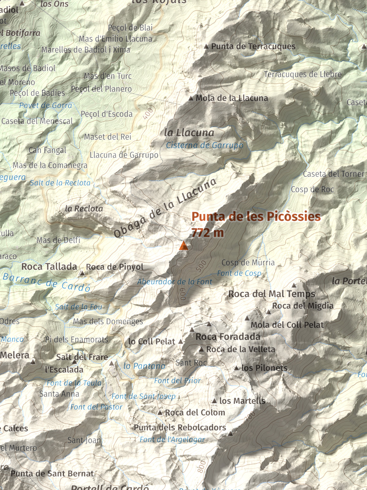 Mapa de relieve de Punta de les Picòssies, 772 m, Baix Ebre · Ribera d'Ebre, lámina 100 Cims de Trobart. Detalle de la zona central. 30 × 40 cm.