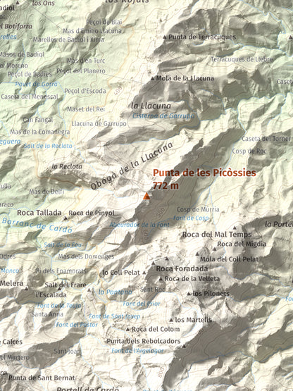 Mapa de relieve de Punta de les Picòssies, 772 m, Baix Ebre · Ribera d'Ebre, lámina 100 Cims de Trobart. Detalle de la zona central. 30 × 40 cm.