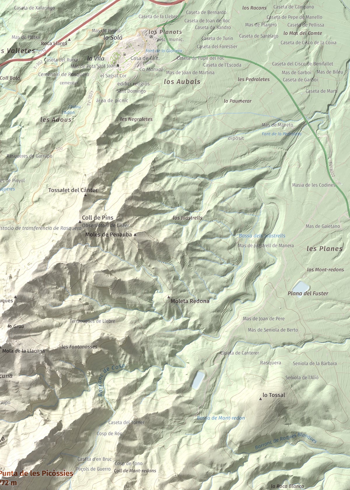 Mapa de relieve de Punta de les Picòssies, 772 m, Baix Ebre · Ribera d'Ebre, lámina 100 Cims de Trobart. Detalle de la zona superior derecha. 50 × 70 cm.
