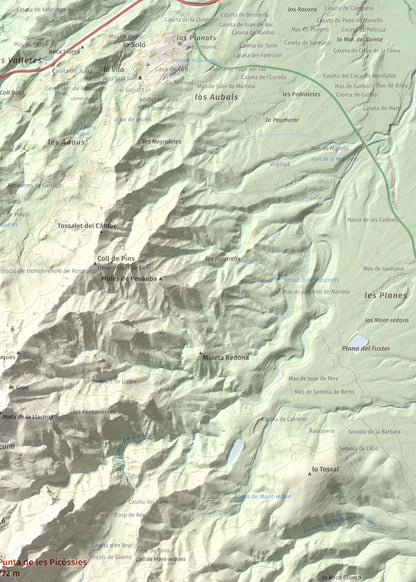Mapa de relieve de Punta de les Picòssies, 772 m, Baix Ebre · Ribera d'Ebre, lámina 100 Cims de Trobart. Detalle de la zona superior derecha. 50 × 70 cm.