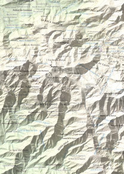 Mapa de relieve de Punta de les Picòssies, 772 m, Baix Ebre · Ribera d'Ebre, lámina 100 Cims de Trobart. Detalle de la zona inferior izquierda. 50 × 70 cm.