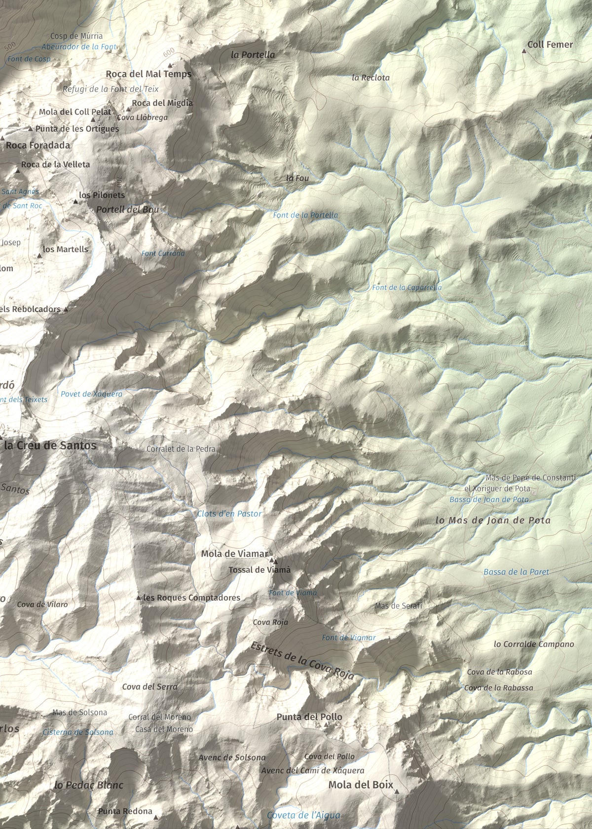 Mapa de relieve de Punta de les Picòssies, 772 m, Baix Ebre · Ribera d'Ebre, lámina 100 Cims de Trobart. Detalle de la zona inferior derecha. 50 × 70 cm.