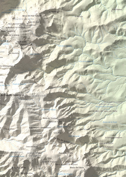 Mapa de relieve de Punta de les Picòssies, 772 m, Baix Ebre · Ribera d'Ebre, lámina 100 Cims de Trobart. Detalle de la zona inferior derecha. 50 × 70 cm.