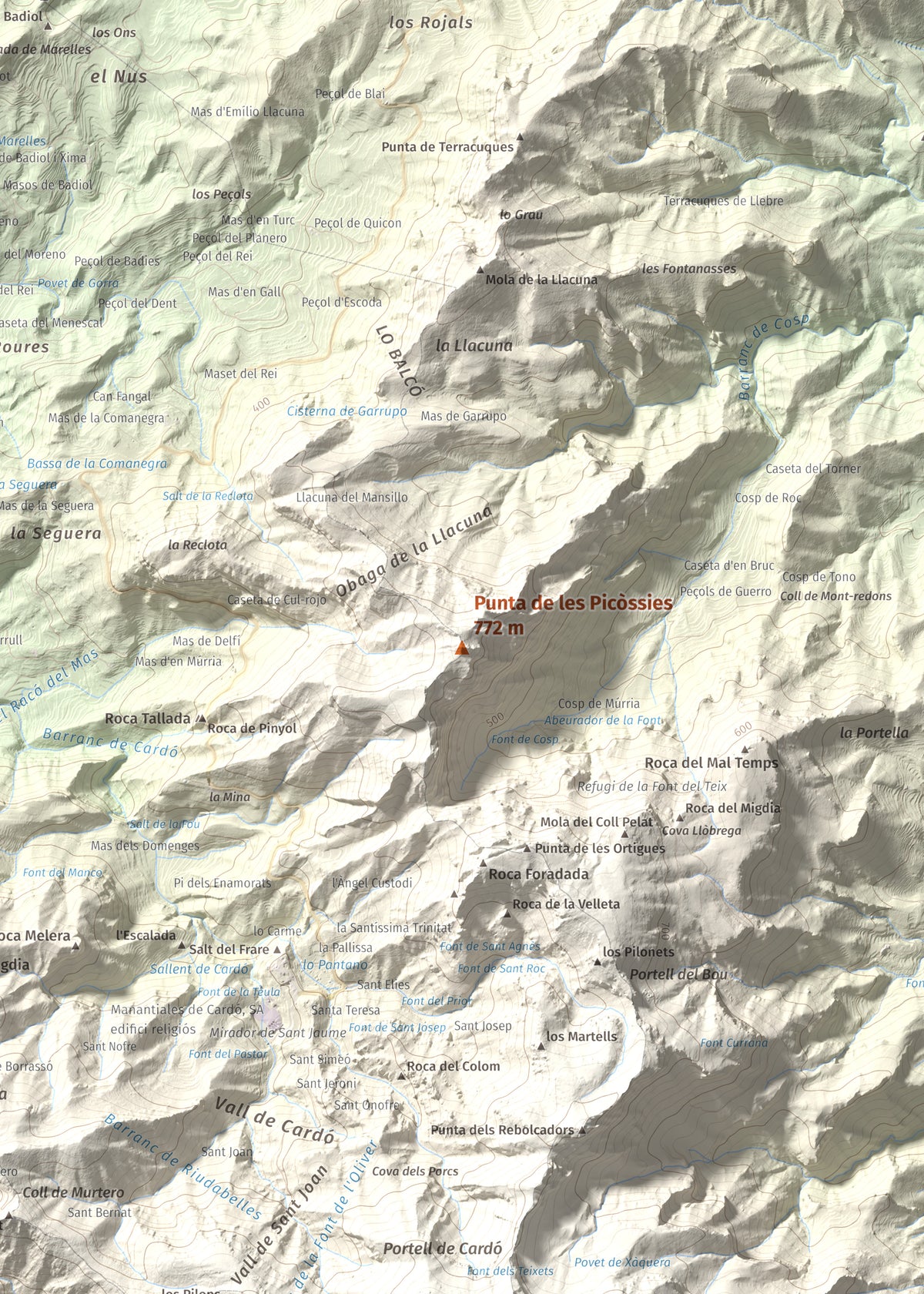 Mapa de relieve de Punta de les Picòssies, 772 m, Baix Ebre · Ribera d'Ebre, lámina 100 Cims de Trobart. Detalle de la zona central. 50 × 70 cm.