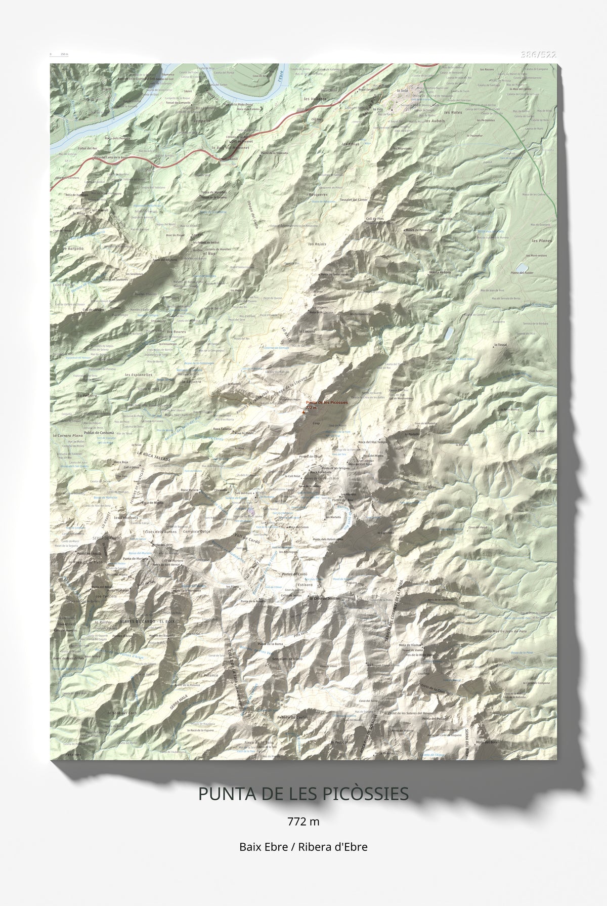 Mapa de relieve de Punta de les Picòssies, 772 m, Baix Ebre · Ribera d'Ebre, lámina 100 Cims de Trobart 61 × 91 cm.