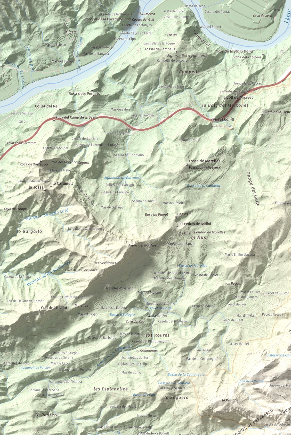 Mapa de relieve de Punta de les Picòssies, 772 m, Baix Ebre · Ribera d'Ebre, lámina 100 Cims de Trobart. Detalle de la zona superior izquierda. 61 × 91 cm.
