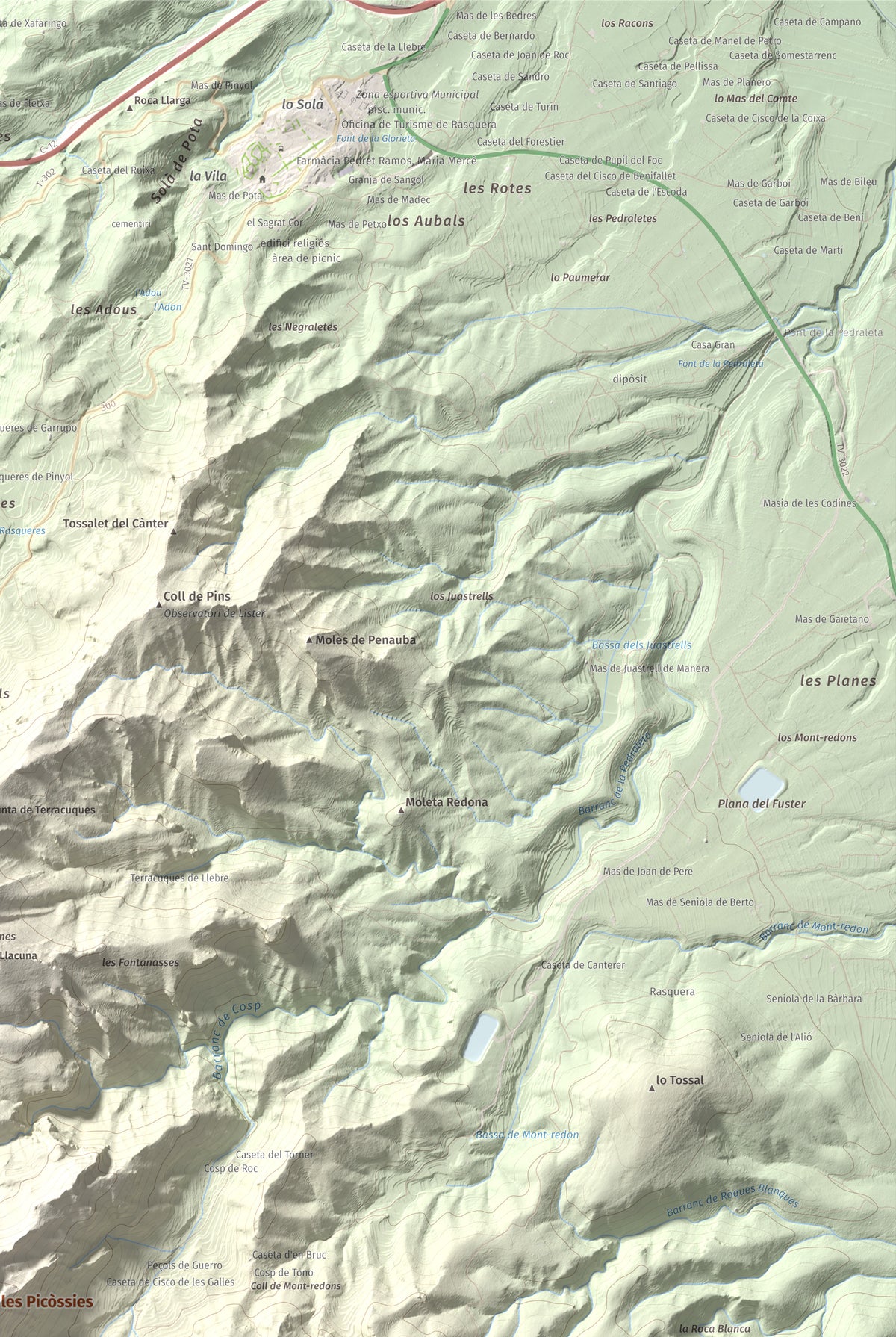 Mapa de relieve de Punta de les Picòssies, 772 m, Baix Ebre · Ribera d'Ebre, lámina 100 Cims de Trobart. Detalle de la zona superior derecha. 61 × 91 cm.