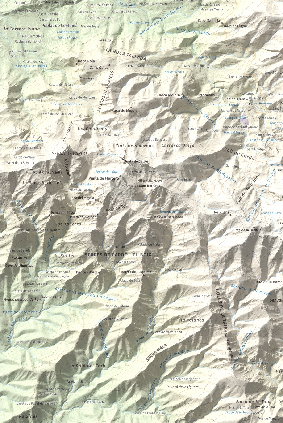Mapa de relieve de Punta de les Picòssies, 772 m, Baix Ebre · Ribera d'Ebre, lámina 100 Cims de Trobart. Detalle de la zona inferior izquierda. 61 × 91 cm.