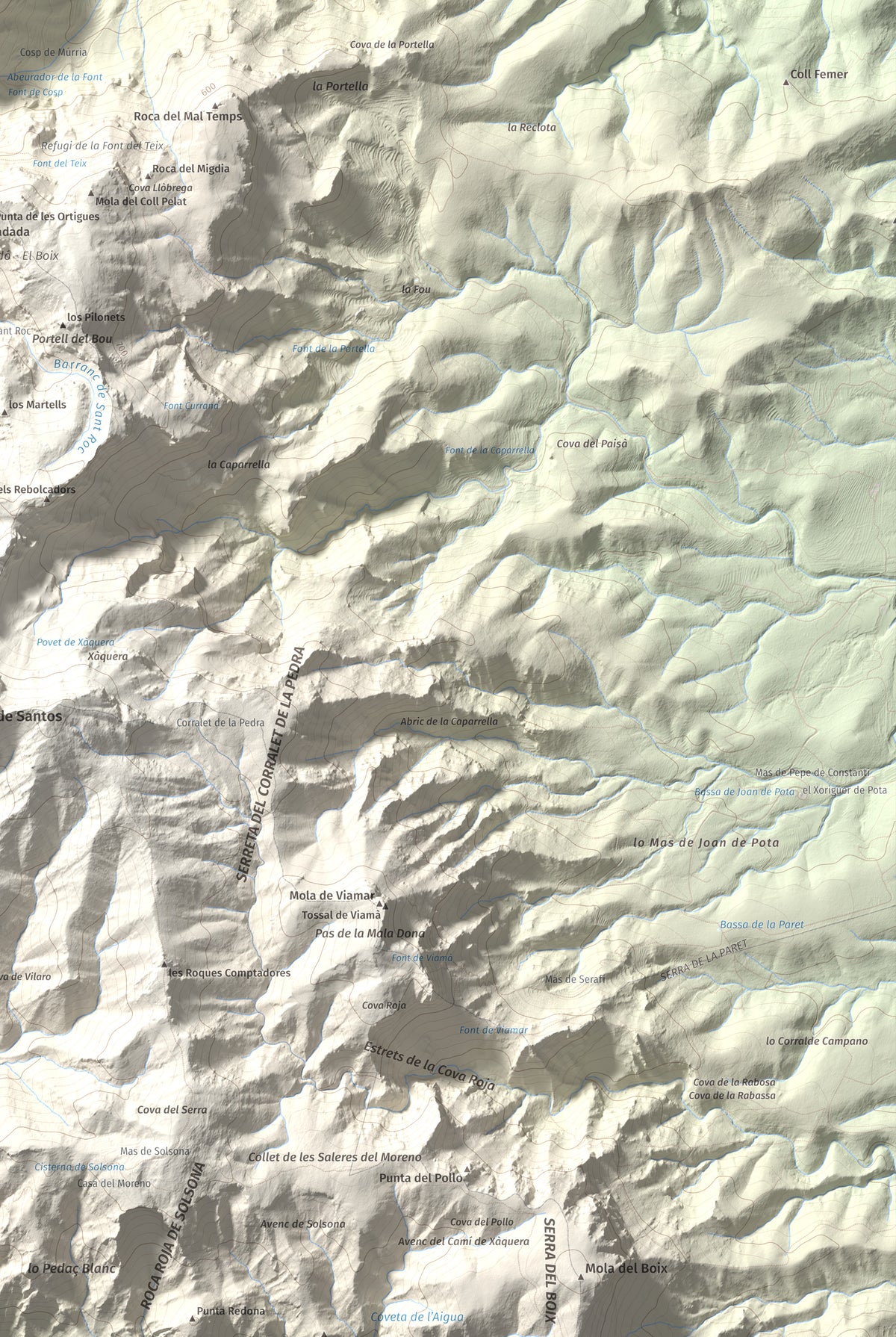 Mapa de relieve de Punta de les Picòssies, 772 m, Baix Ebre · Ribera d'Ebre, lámina 100 Cims de Trobart. Detalle de la zona inferior derecha. 61 × 91 cm.