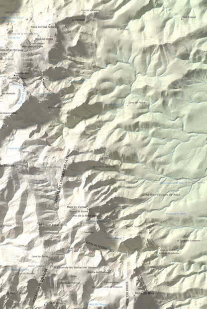 Mapa de relieve de Punta de les Picòssies, 772 m, Baix Ebre · Ribera d'Ebre, lámina 100 Cims de Trobart. Detalle de la zona inferior derecha. 61 × 91 cm.