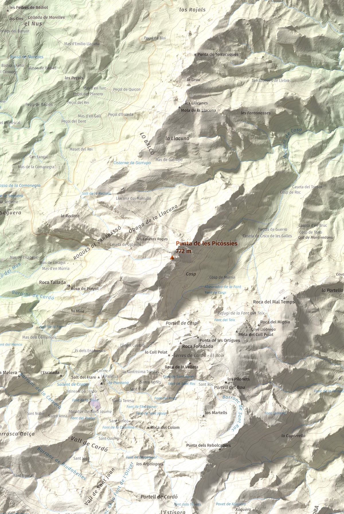 Mapa de relieve de Punta de les Picòssies, 772 m, Baix Ebre · Ribera d'Ebre, lámina 100 Cims de Trobart. Detalle de la zona central. 61 × 91 cm.