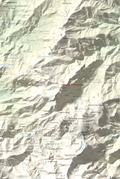 Mapa de relieve de Punta de les Picòssies, 772 m, Baix Ebre · Ribera d'Ebre, lámina 100 Cims de Trobart. Detalle de la zona central. 61 × 91 cm.