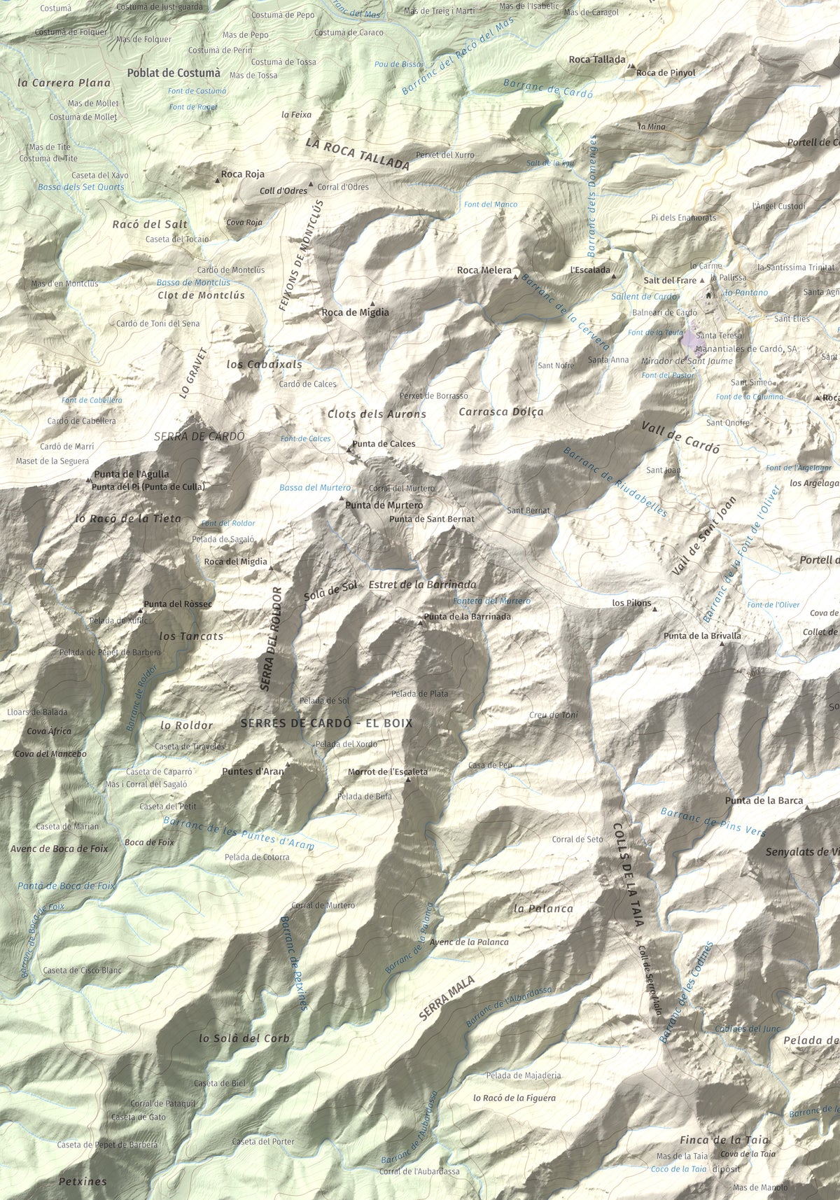 Mapa de relieve de Punta de les Picòssies, 772 m, Baix Ebre · Ribera d'Ebre, lámina 100 Cims de Trobart. Detalle de la zona inferior izquierda. 70 × 100 cm.