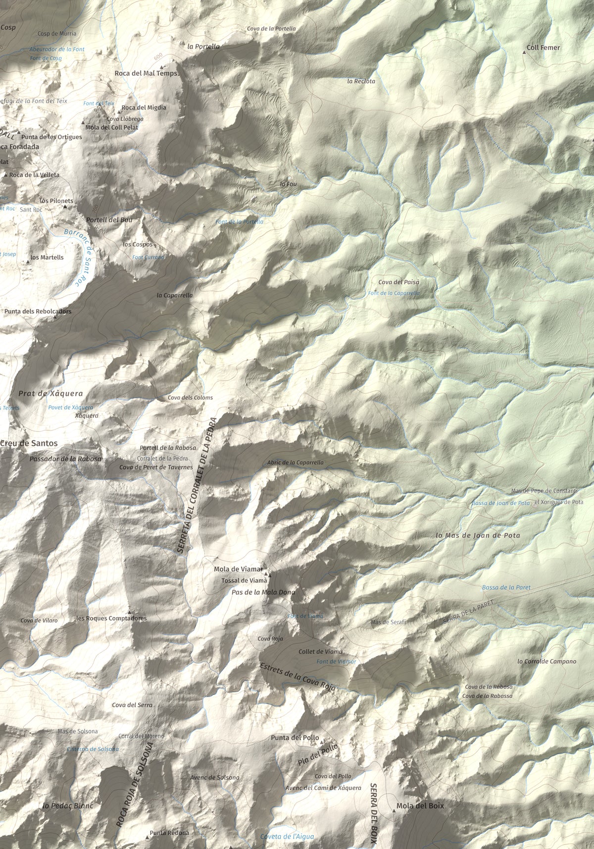 Mapa de relieve de Punta de les Picòssies, 772 m, Baix Ebre · Ribera d'Ebre, lámina 100 Cims de Trobart. Detalle de la zona inferior derecha. 70 × 100 cm.