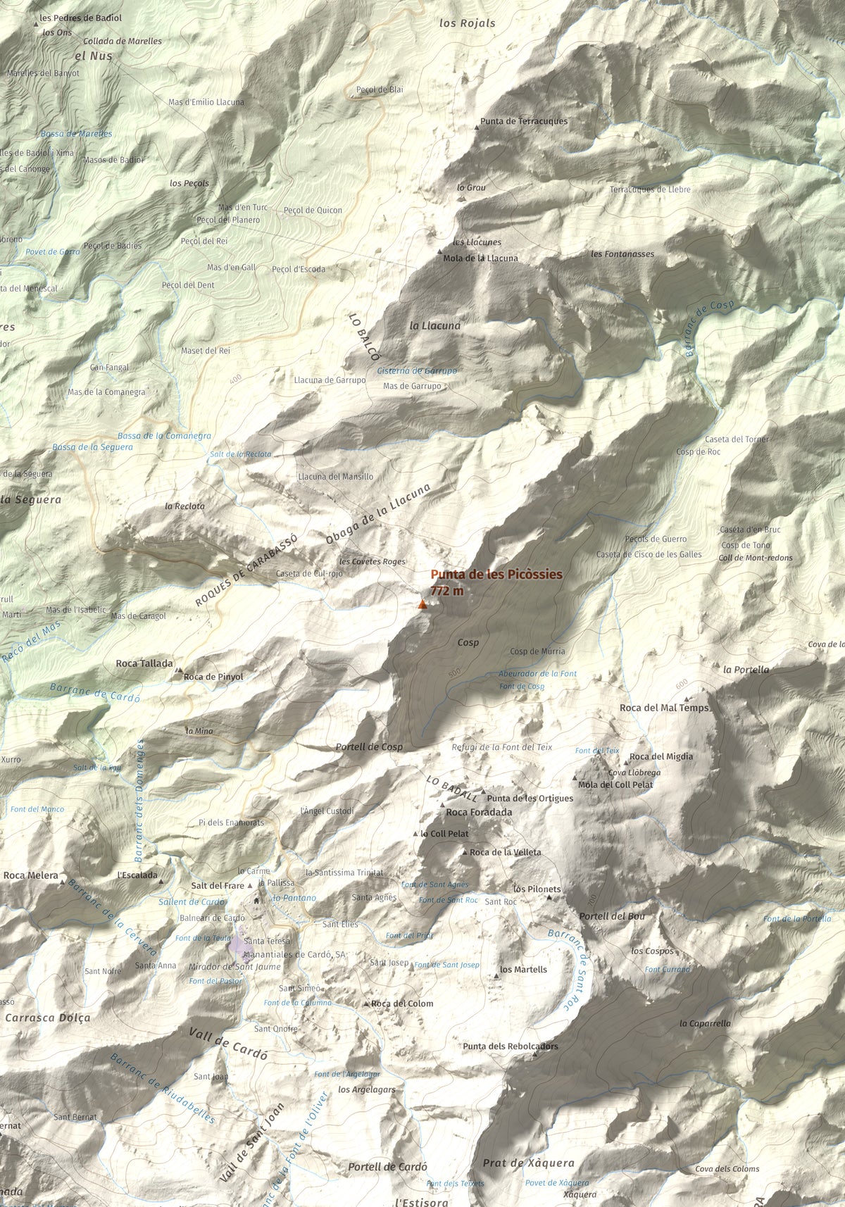 Mapa de relieve de Punta de les Picòssies, 772 m, Baix Ebre · Ribera d'Ebre, lámina 100 Cims de Trobart. Detalle de la zona central. 70 × 100 cm.