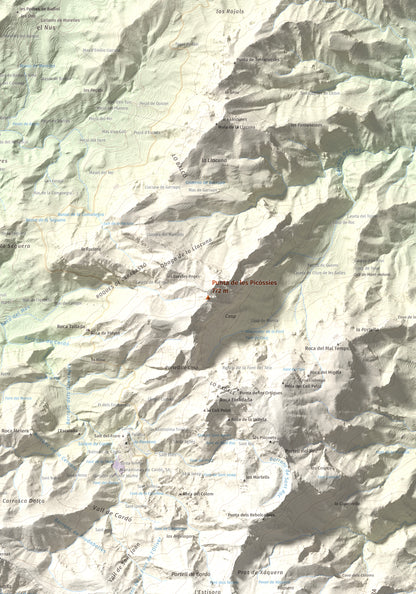 Mapa de relieve de Punta de les Picòssies, 772 m, Baix Ebre · Ribera d'Ebre, lámina 100 Cims de Trobart. Detalle de la zona central. 70 × 100 cm.