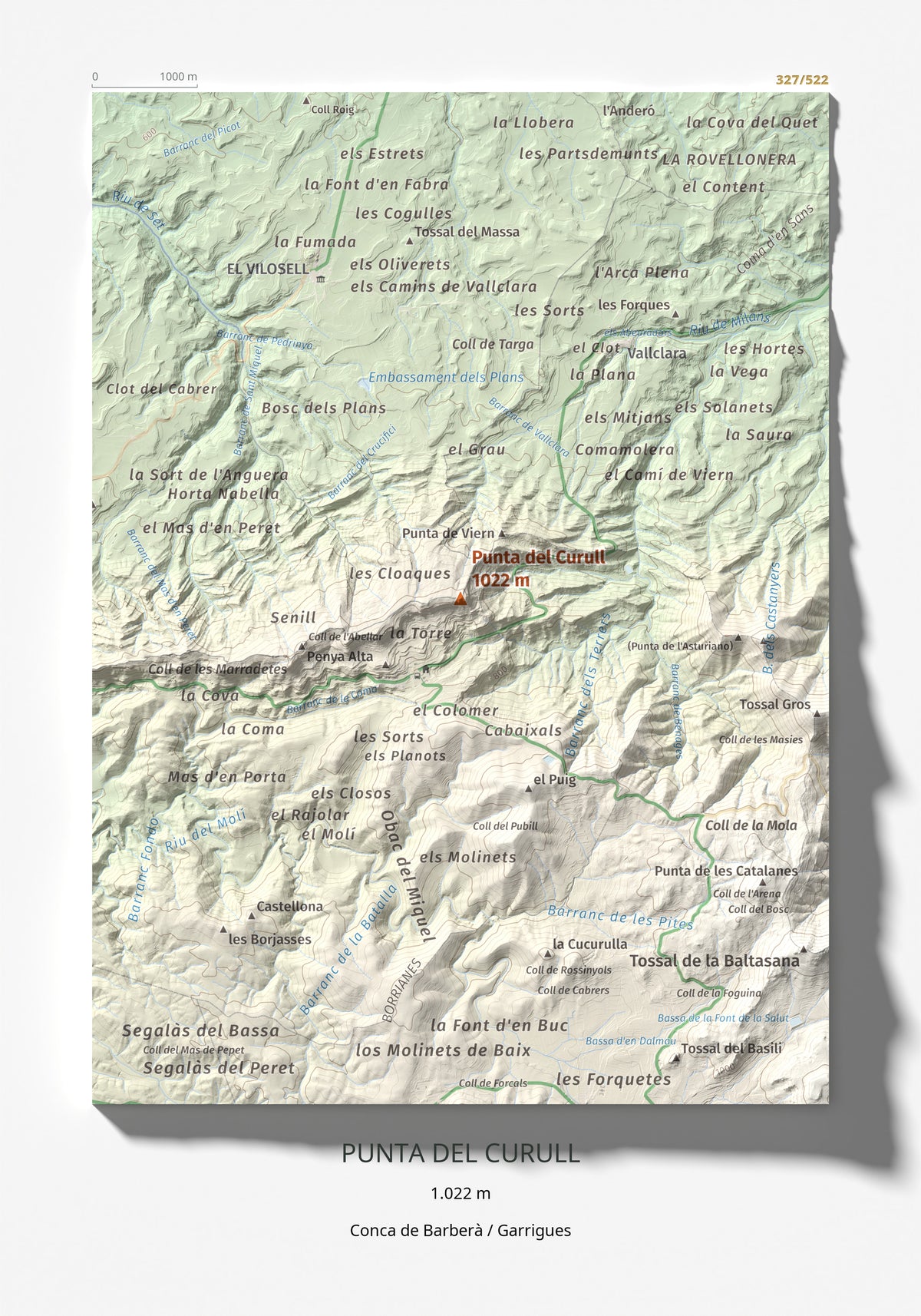 Mapa de relieve de Punta del Curull, 1022 m, Conca de Barberà · Garrigues, lámina 100 Cims de Trobart 21 × 30 cm.