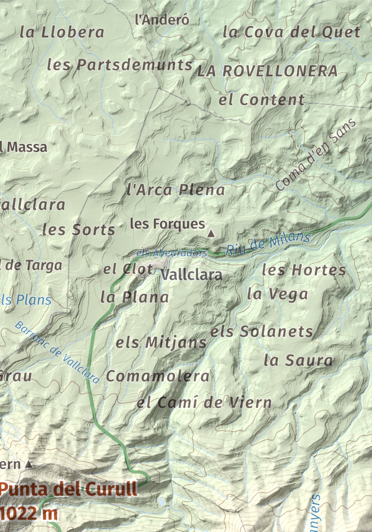 Mapa de relieve de Punta del Curull, 1022 m, Conca de Barberà · Garrigues, lámina 100 Cims de Trobart. Detalle de la zona superior derecha. 21 × 30 cm.