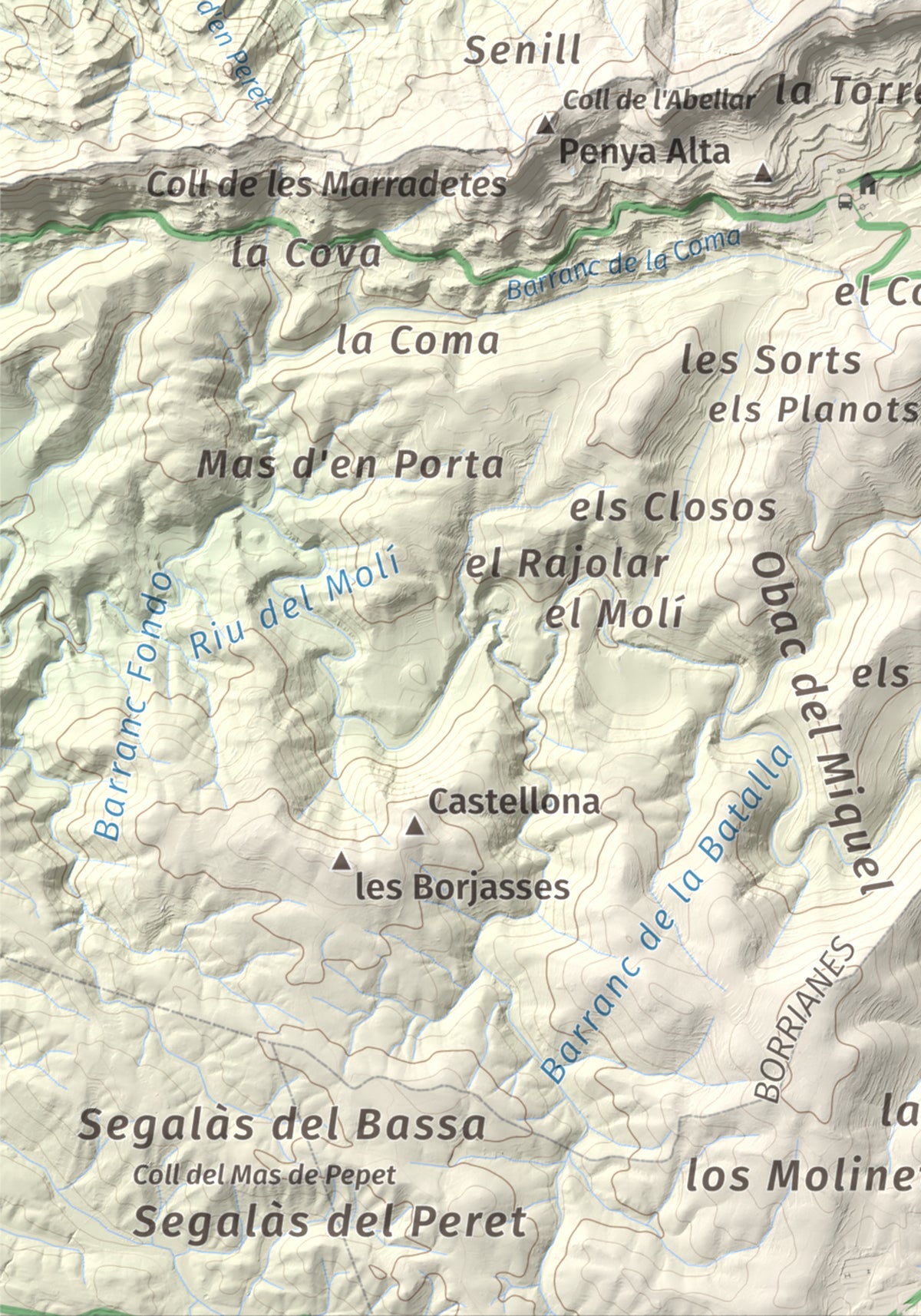 Mapa de relieve de Punta del Curull, 1022 m, Conca de Barberà · Garrigues, lámina 100 Cims de Trobart. Detalle de la zona inferior izquierda. 21 × 30 cm.