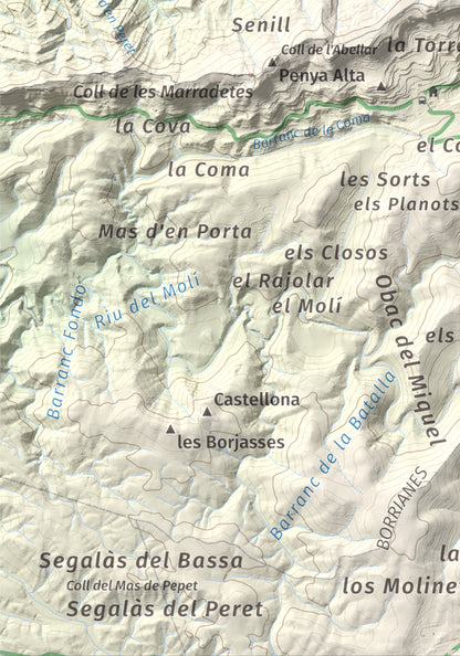 Mapa de relieve de Punta del Curull, 1022 m, Conca de Barberà · Garrigues, lámina 100 Cims de Trobart. Detalle de la zona inferior izquierda. 21 × 30 cm.