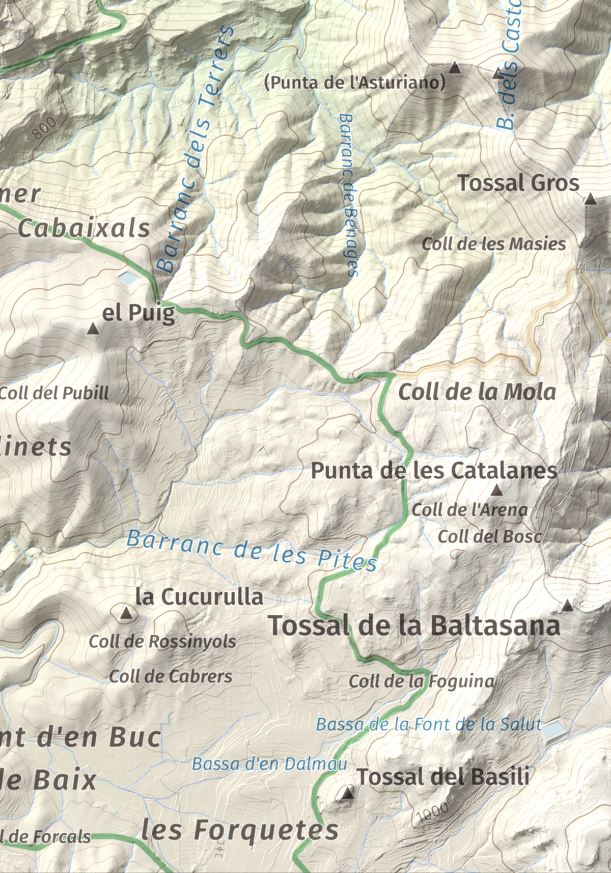 Mapa de relieve de Punta del Curull, 1022 m, Conca de Barberà · Garrigues, lámina 100 Cims de Trobart. Detalle de la zona inferior derecha. 21 × 30 cm.