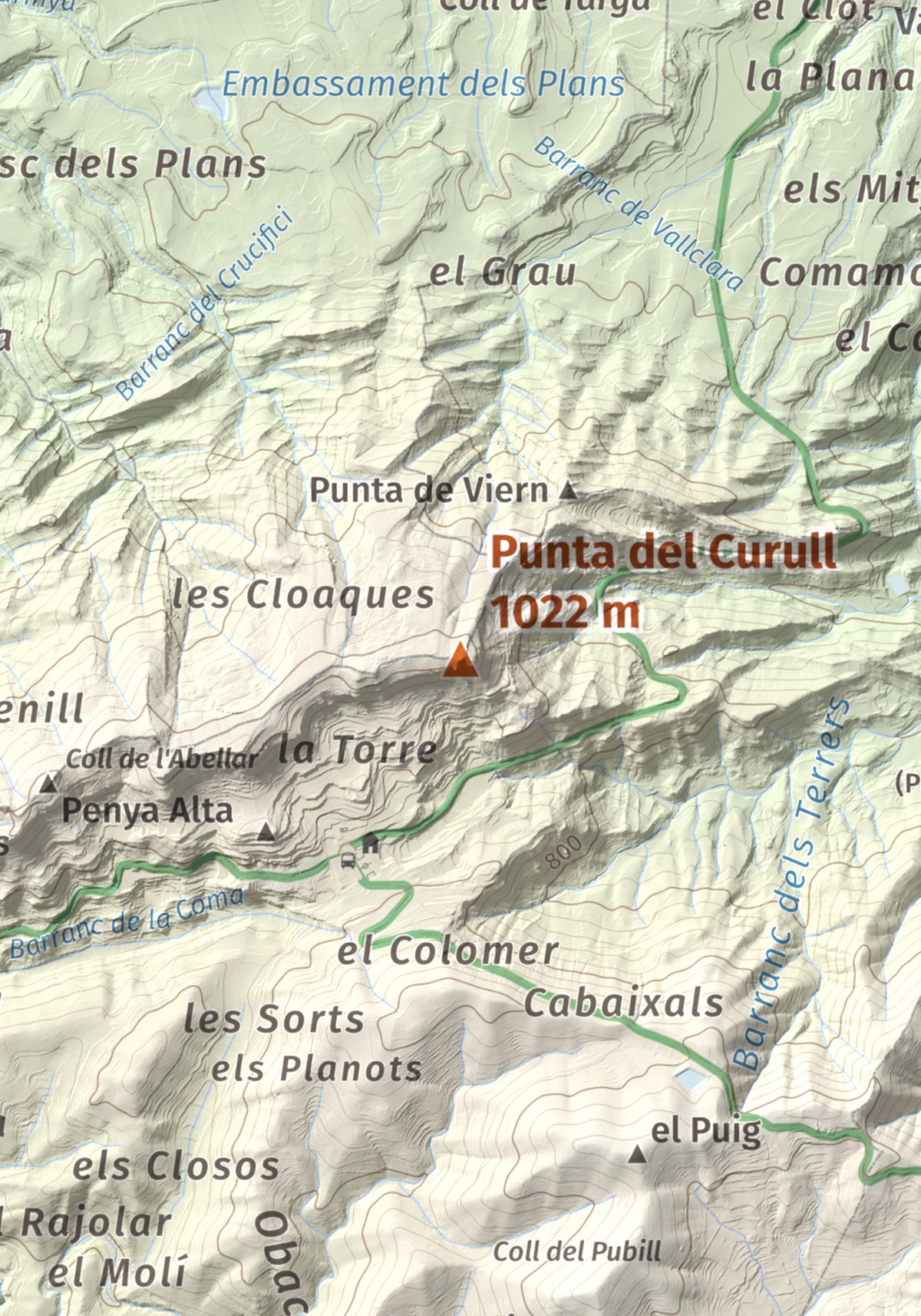 Mapa de relieve de Punta del Curull, 1022 m, Conca de Barberà · Garrigues, lámina 100 Cims de Trobart. Detalle de la zona central. 21 × 30 cm.
