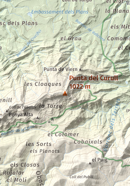 Mapa de relieve de Punta del Curull, 1022 m, Conca de Barberà · Garrigues, lámina 100 Cims de Trobart. Detalle de la zona central. 21 × 30 cm.