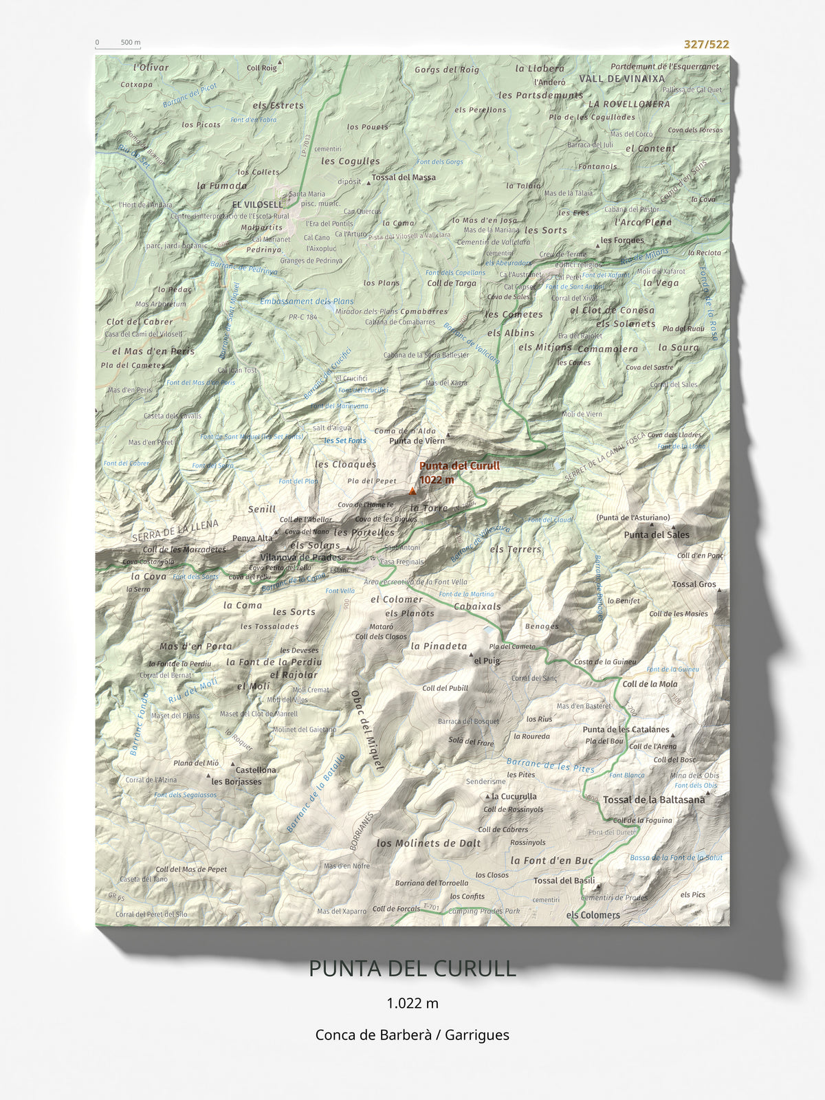 Mapa de relieve de Punta del Curull, 1022 m, Conca de Barberà · Garrigues, lámina 100 Cims de Trobart 30 × 40 cm.