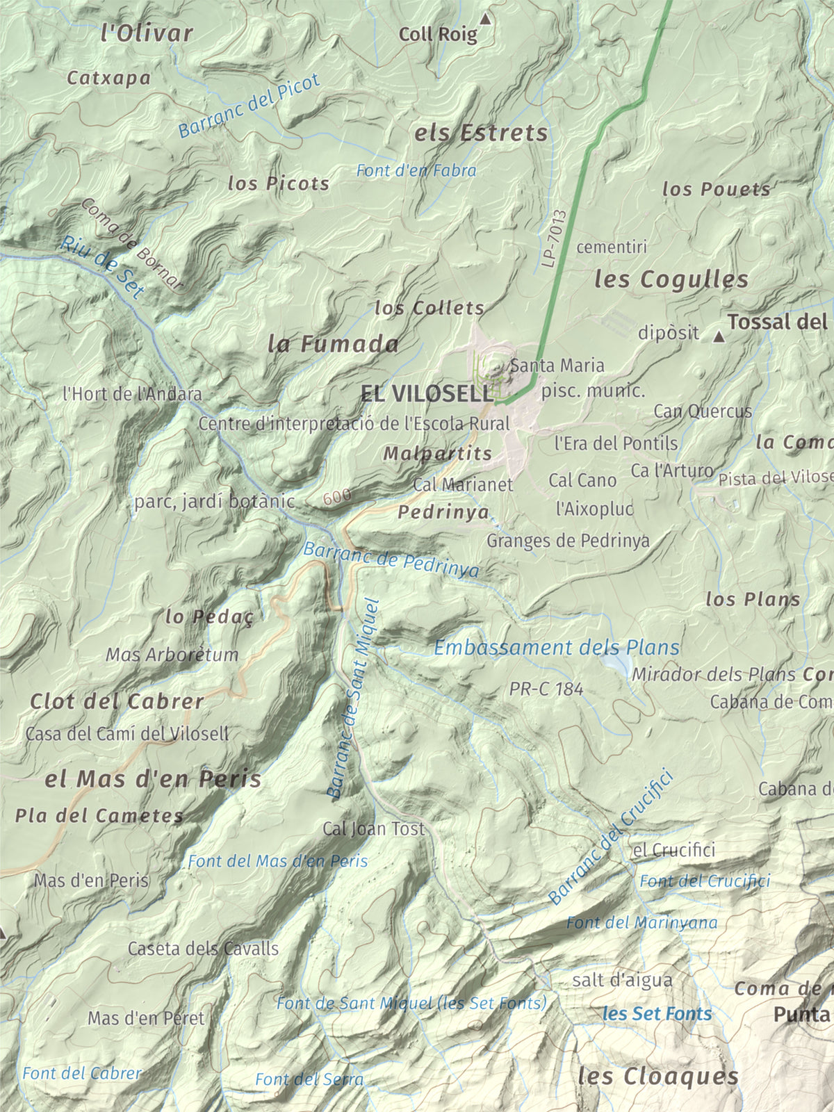 Mapa de relieve de Punta del Curull, 1022 m, Conca de Barberà · Garrigues, lámina 100 Cims de Trobart. Detalle de la zona superior izquierda. 30 × 40 cm.