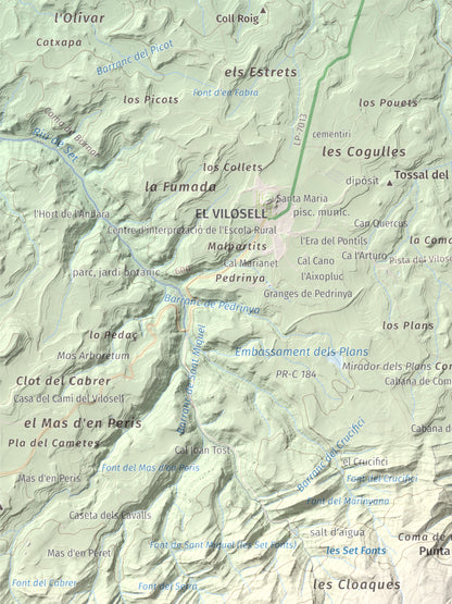 Mapa de relieve de Punta del Curull, 1022 m, Conca de Barberà · Garrigues, lámina 100 Cims de Trobart. Detalle de la zona superior izquierda. 30 × 40 cm.