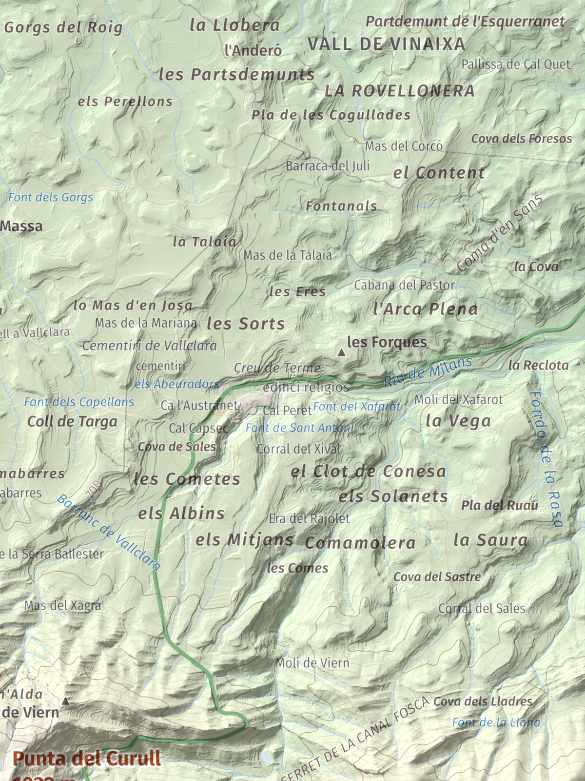 Mapa de relieve de Punta del Curull, 1022 m, Conca de Barberà · Garrigues, lámina 100 Cims de Trobart. Detalle de la zona superior derecha. 30 × 40 cm.