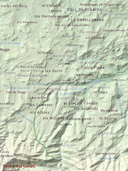 Mapa de relieve de Punta del Curull, 1022 m, Conca de Barberà · Garrigues, lámina 100 Cims de Trobart. Detalle de la zona superior derecha. 30 × 40 cm.