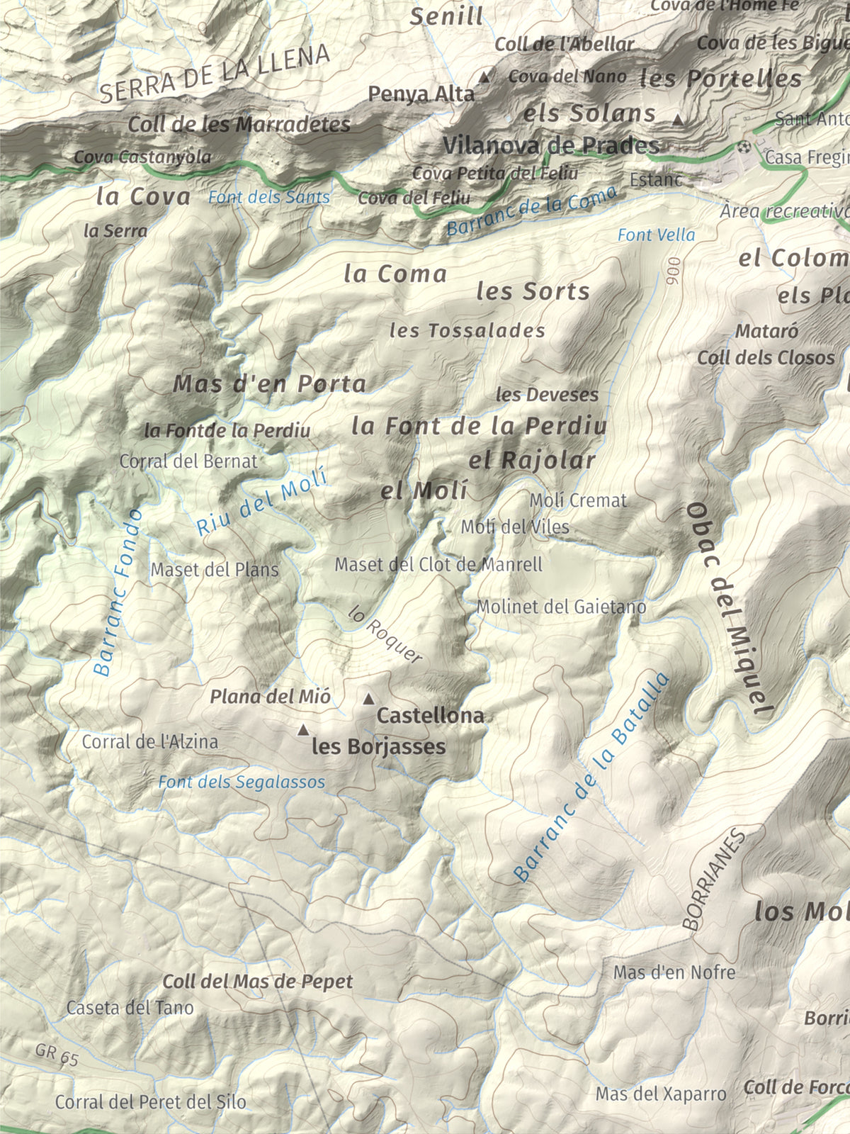 Mapa de relieve de Punta del Curull, 1022 m, Conca de Barberà · Garrigues, lámina 100 Cims de Trobart. Detalle de la zona inferior izquierda. 30 × 40 cm.