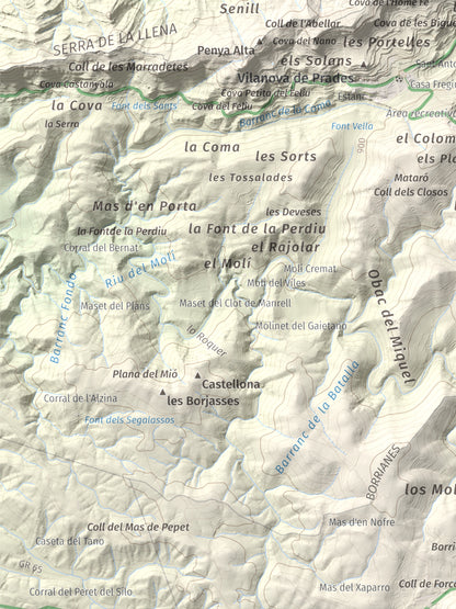 Mapa de relieve de Punta del Curull, 1022 m, Conca de Barberà · Garrigues, lámina 100 Cims de Trobart. Detalle de la zona inferior izquierda. 30 × 40 cm.