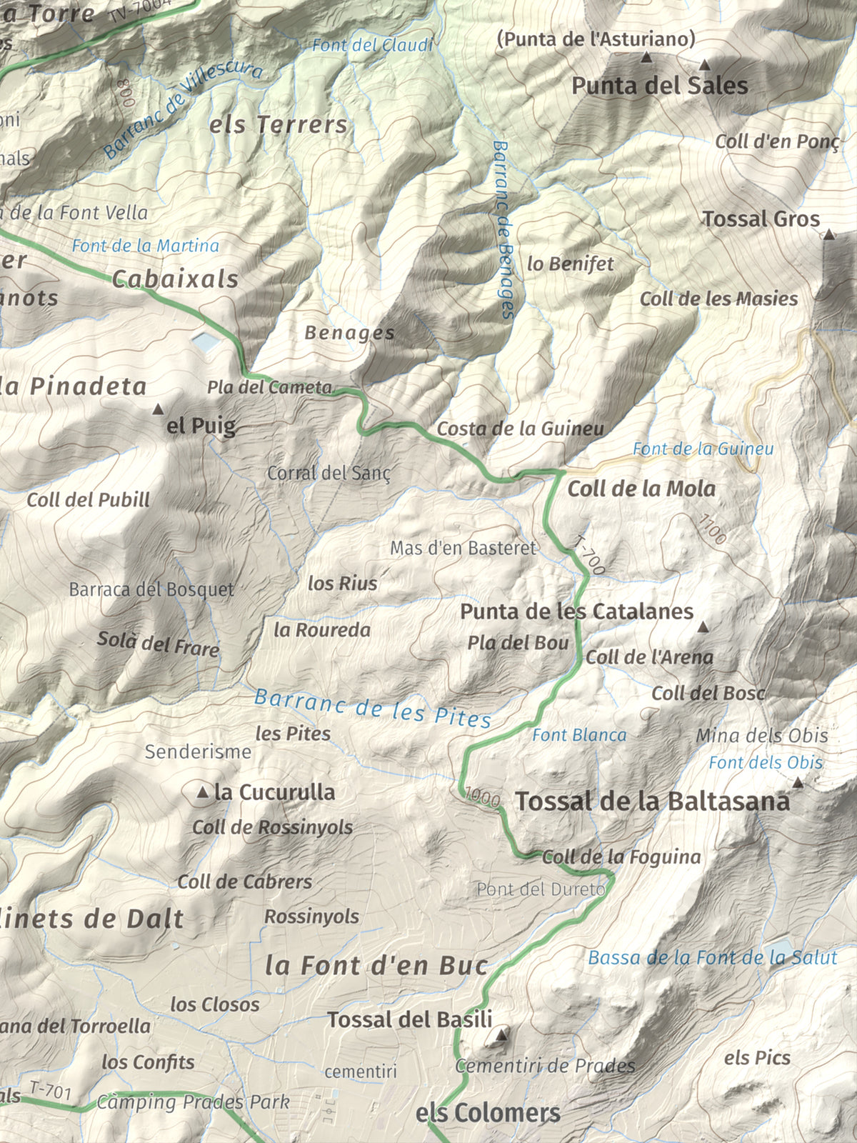 Mapa de relieve de Punta del Curull, 1022 m, Conca de Barberà · Garrigues, lámina 100 Cims de Trobart. Detalle de la zona inferior derecha. 30 × 40 cm.