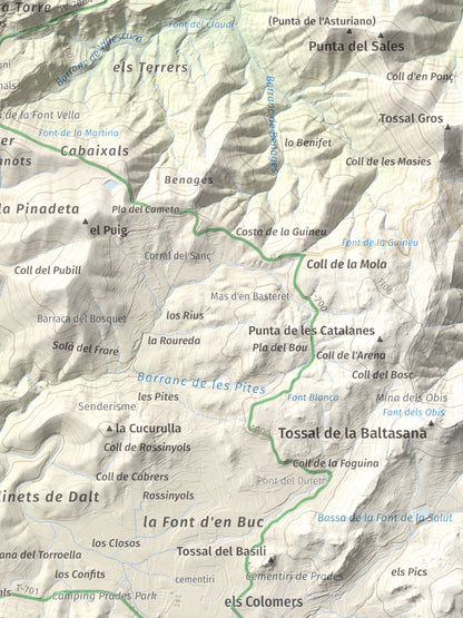 Mapa de relieve de Punta del Curull, 1022 m, Conca de Barberà · Garrigues, lámina 100 Cims de Trobart. Detalle de la zona inferior derecha. 30 × 40 cm.