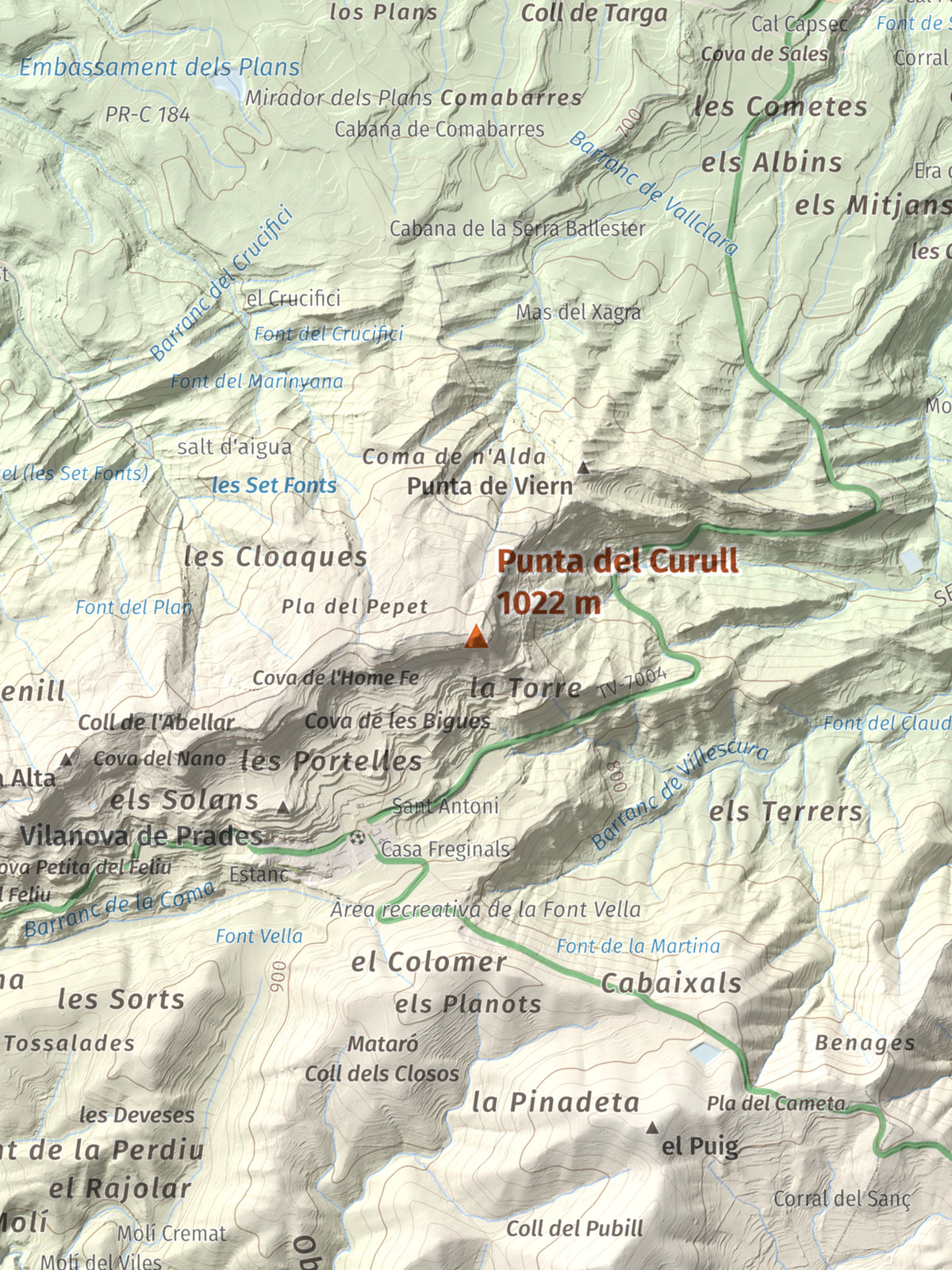 Mapa de relieve de Punta del Curull, 1022 m, Conca de Barberà · Garrigues, lámina 100 Cims de Trobart. Detalle de la zona central. 30 × 40 cm.