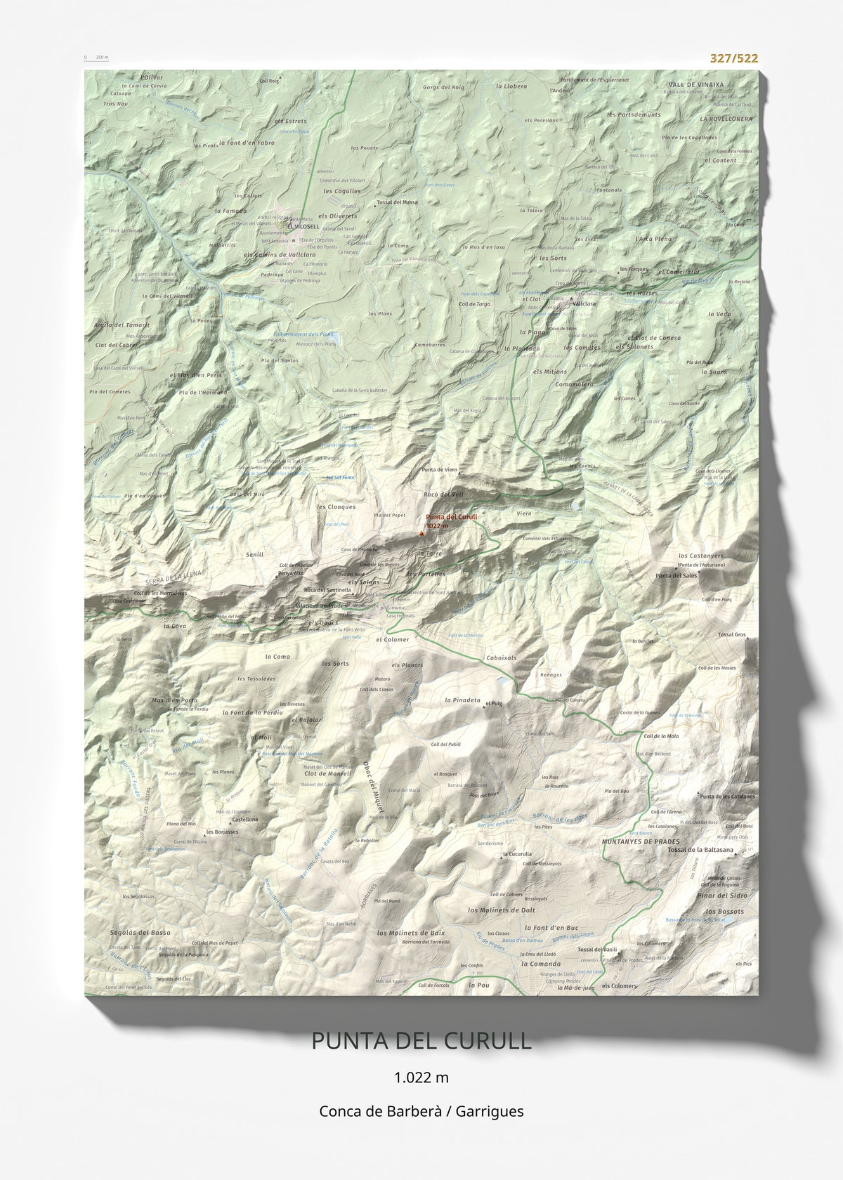 Mapa de relieve de Punta del Curull, 1022 m, Conca de Barberà · Garrigues, lámina 100 Cims de Trobart 50 × 70 cm.