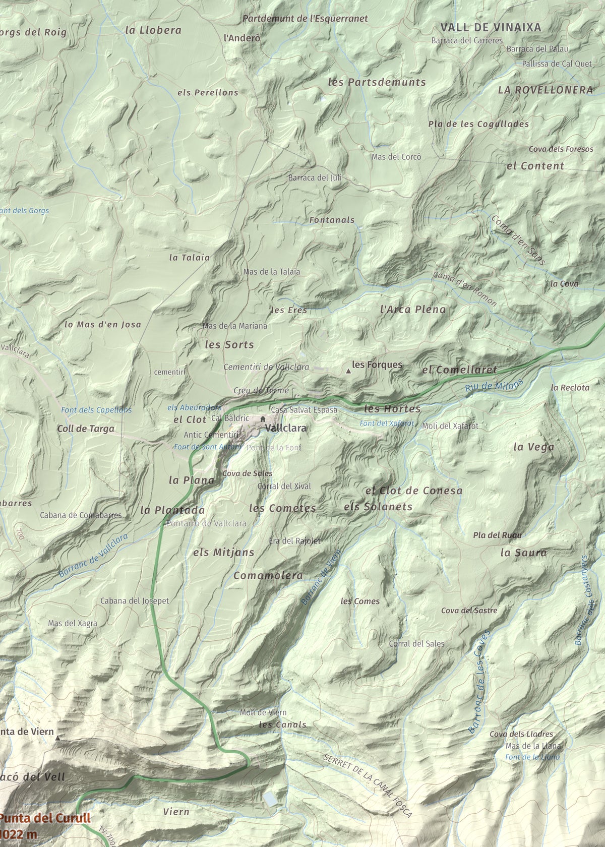 Mapa de relieve de Punta del Curull, 1022 m, Conca de Barberà · Garrigues, lámina 100 Cims de Trobart. Detalle de la zona superior derecha. 50 × 70 cm.