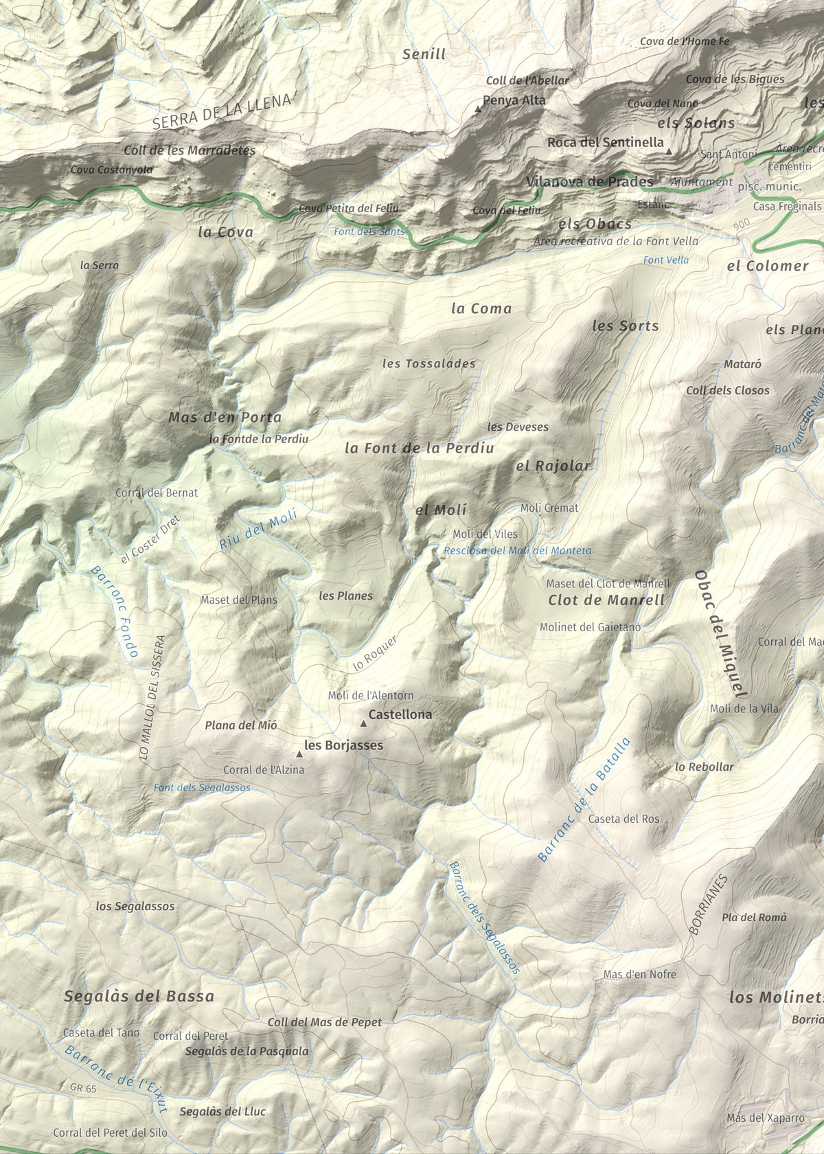 Mapa de relieve de Punta del Curull, 1022 m, Conca de Barberà · Garrigues, lámina 100 Cims de Trobart. Detalle de la zona inferior izquierda. 50 × 70 cm.