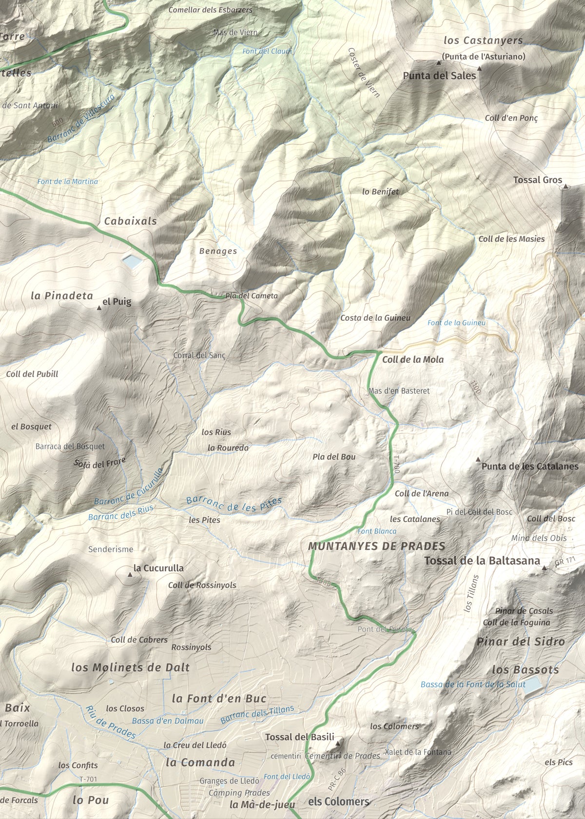 Mapa de relieve de Punta del Curull, 1022 m, Conca de Barberà · Garrigues, lámina 100 Cims de Trobart. Detalle de la zona inferior derecha. 50 × 70 cm.