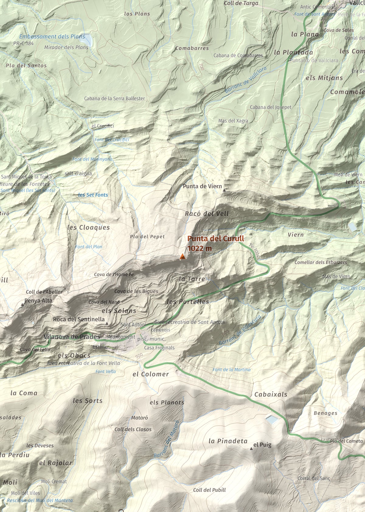 Mapa de relieve de Punta del Curull, 1022 m, Conca de Barberà · Garrigues, lámina 100 Cims de Trobart. Detalle de la zona central. 50 × 70 cm.