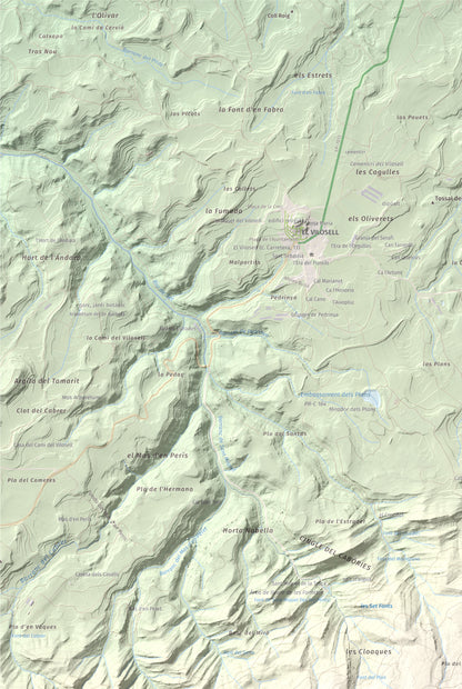 Mapa de relieve de Punta del Curull, 1022 m, Conca de Barberà · Garrigues, lámina 100 Cims de Trobart. Detalle de la zona superior izquierda. 61 × 91 cm.