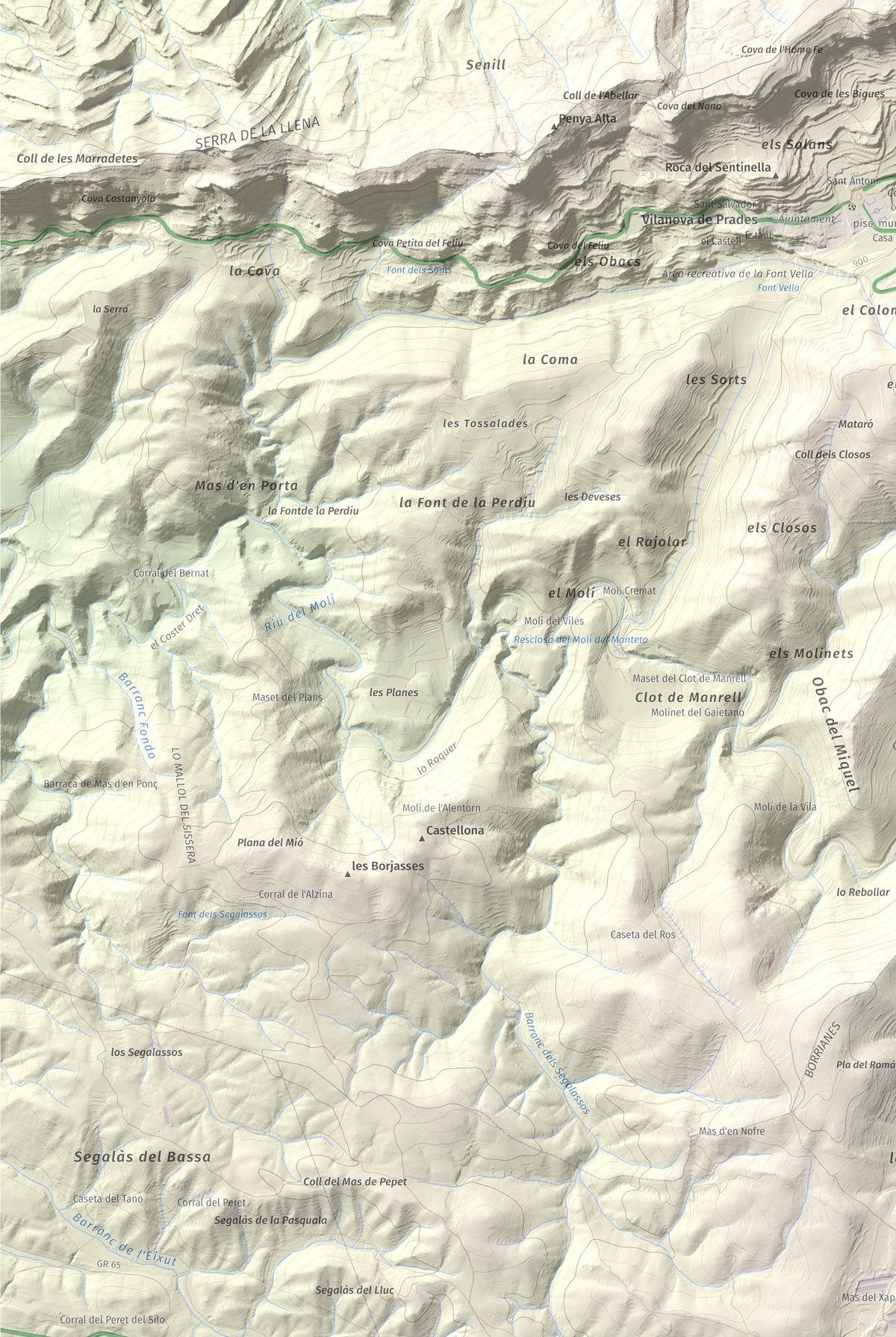 Mapa de relieve de Punta del Curull, 1022 m, Conca de Barberà · Garrigues, lámina 100 Cims de Trobart. Detalle de la zona inferior izquierda. 61 × 91 cm.