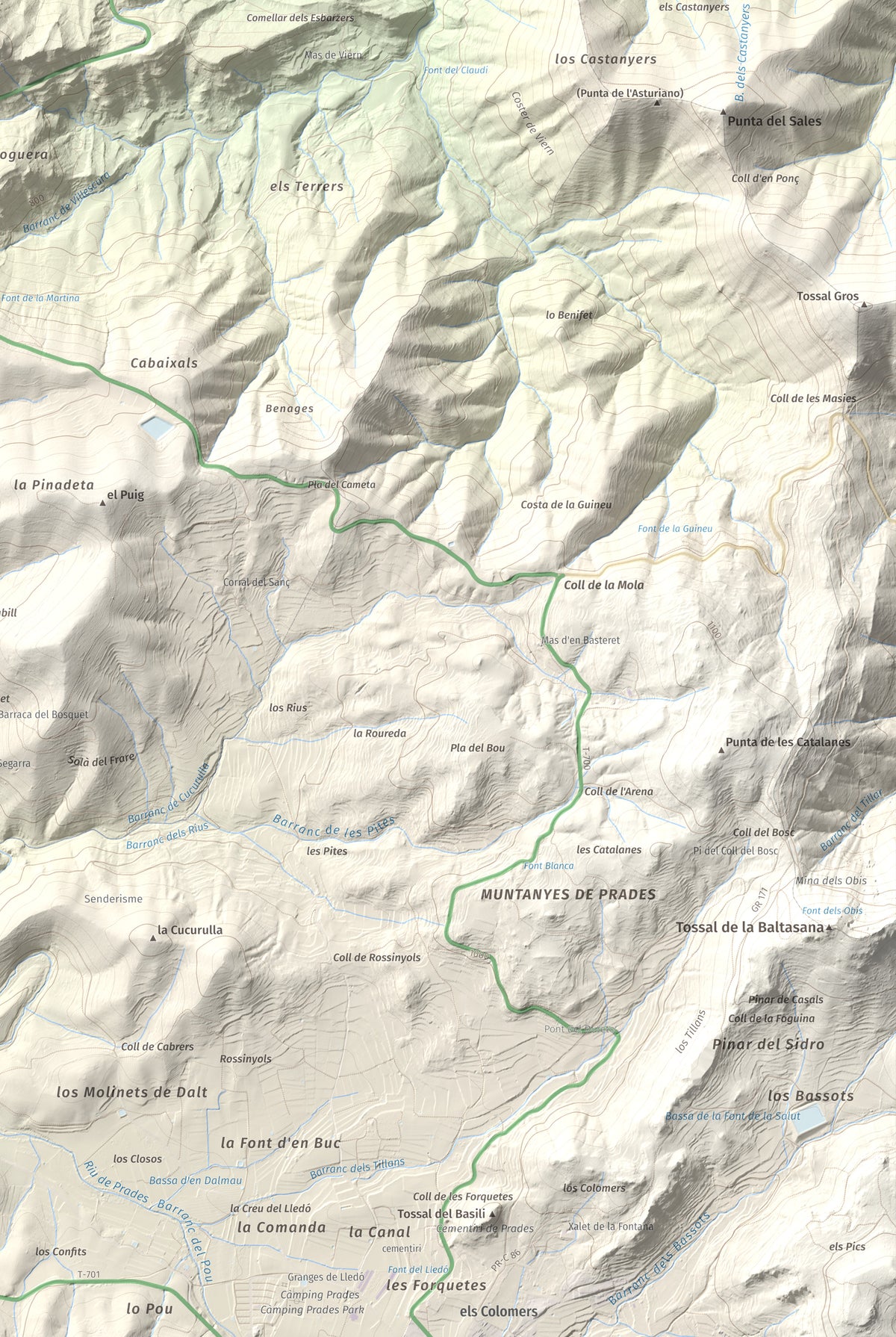 Mapa de relieve de Punta del Curull, 1022 m, Conca de Barberà · Garrigues, lámina 100 Cims de Trobart. Detalle de la zona inferior derecha. 61 × 91 cm.