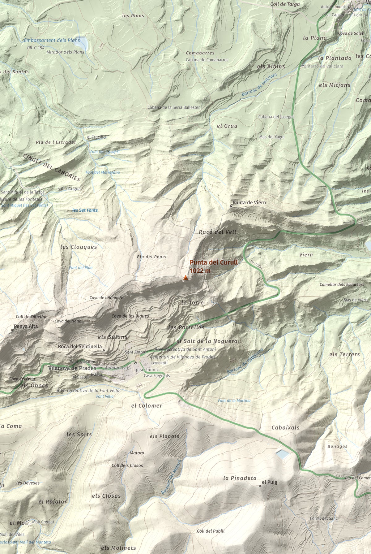 Mapa de relieve de Punta del Curull, 1022 m, Conca de Barberà · Garrigues, lámina 100 Cims de Trobart. Detalle de la zona central. 61 × 91 cm.