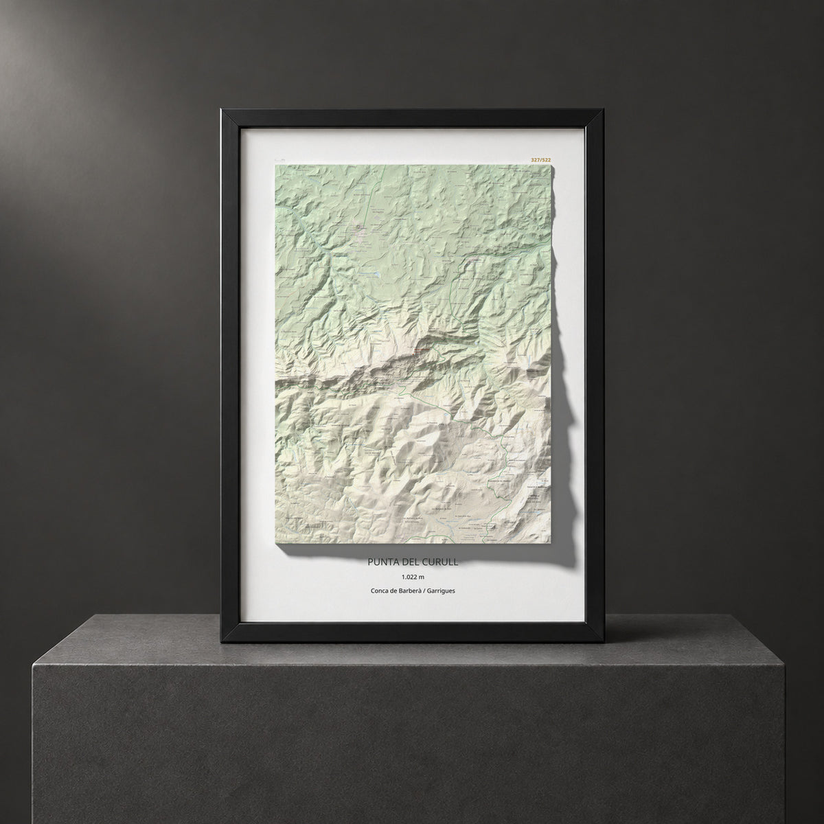 Mapa de relieve de Punta del Curull, 1022 m, Conca de Barberà · Garrigues, lámina 100 Cims de Trobart. Presentación enmarcada. 70 × 100 cm.